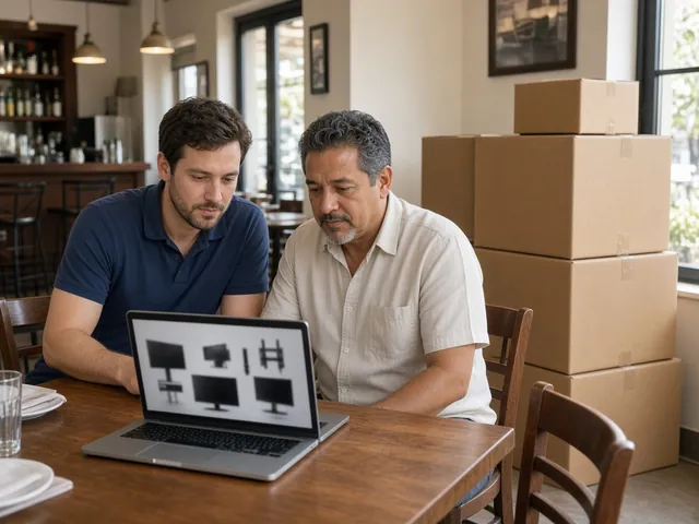 Technician and restaurant owner reviewing TV options on a laptop