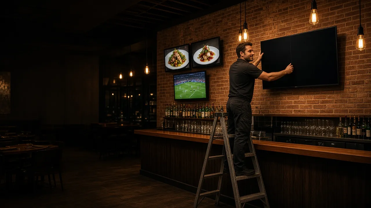 My IT Dude technician mounting a TV above a restaurant bar with digital menu screens