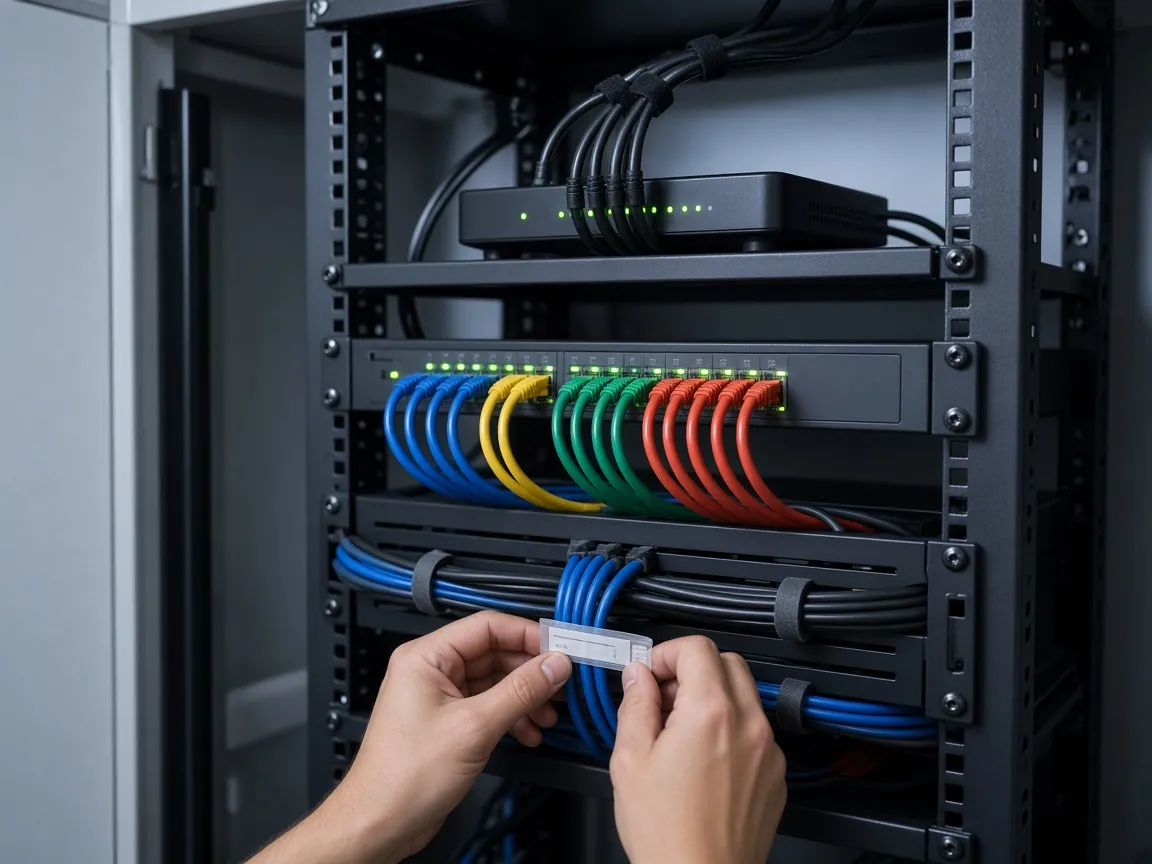 Neatly organized network rack with labeled color-coded patch cables