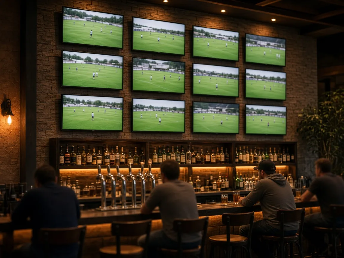 Wall of neatly mounted TVs above a sports bar