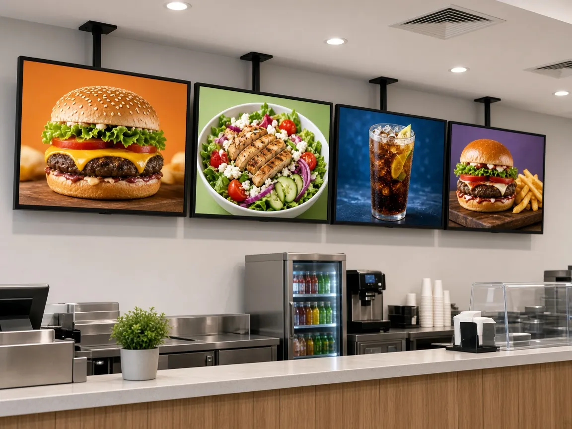 Four digital menu board TVs mounted above a quick-service restaurant counter