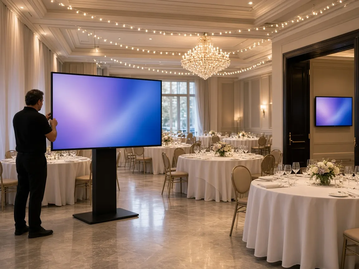 Technician setting up a display in an event ballroom
