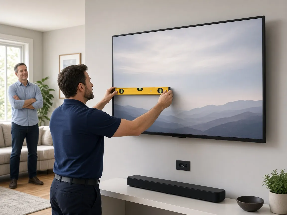 Technician leveling a large TV on a living room wall while the homeowner watches