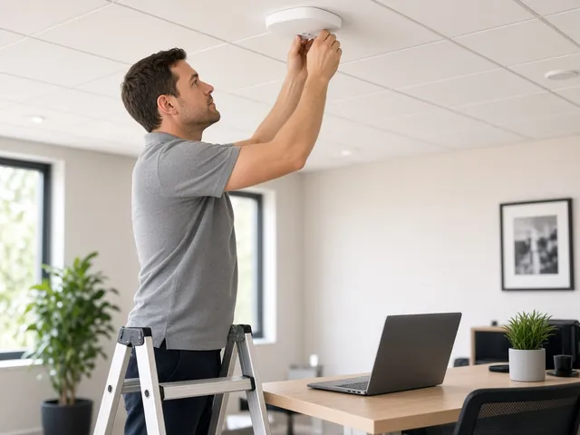 Technician installing a ceiling Wi-Fi access point